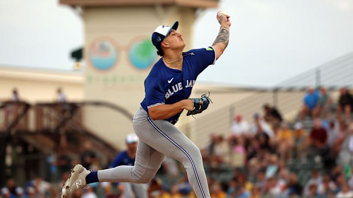 Mar 21, 2024; Bradenton, Florida, USA; Toronto Blue Jays pitcher Ricky Tiedemann (70) throws a pitch