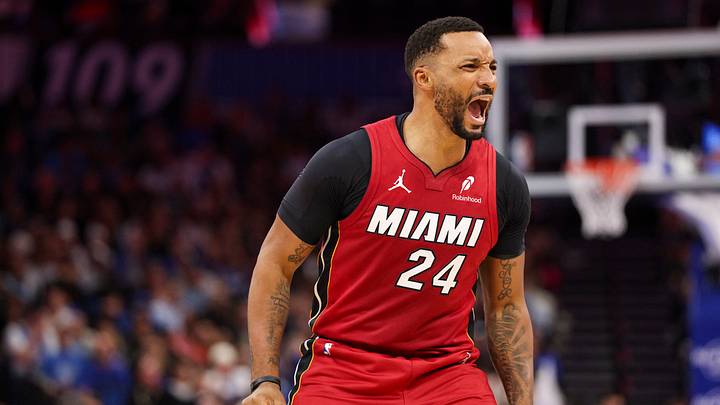 Dec 5, 2025; Orlando, Florida, USA; Miami Heat guard Norman Powell (24) reacts after a basket against the Orlando Magic in the second quarter at Kia Center. Mandatory Credit: Nathan Ray Seebeck-Imagn Images