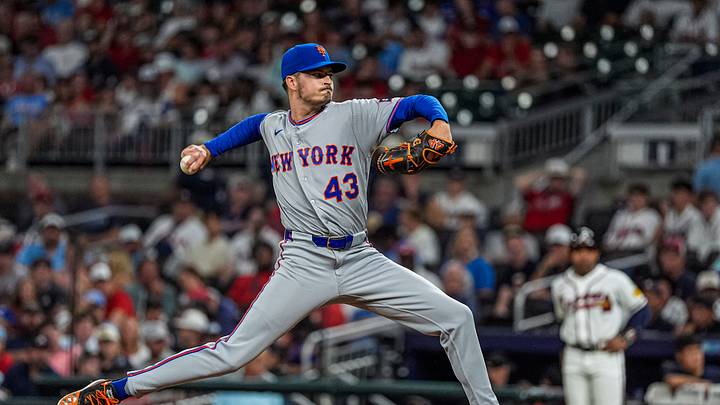 Aug 11, 2026; Cumberland, Georgia, USA; New York Mets pitcher Chayce McDermott (43) pitches against the Atlanta Braves during the eighth inning at Truist Park. Mandatory Credit: Dale Zanine-Imagn Images