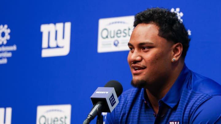 Apr 24, 2026; East Rutherford, NJ, USA; New York Giants draft pick Francis Mauigoa addresses the media during the introductory press conference at Quest Diagnostics Training Center. Mandatory Credit: Tom Horak-Imagn Images