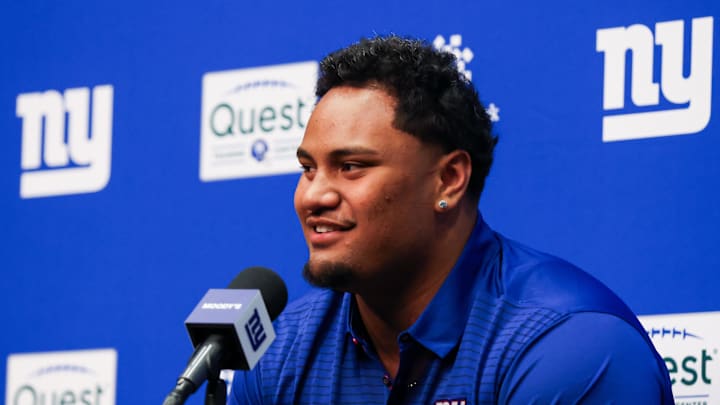 Apr 24, 2026; East Rutherford, NJ, USA; New York Giants draft pick Francis Mauigoa addresses the media during the introductory press conference at Quest Diagnostics Training Center.  