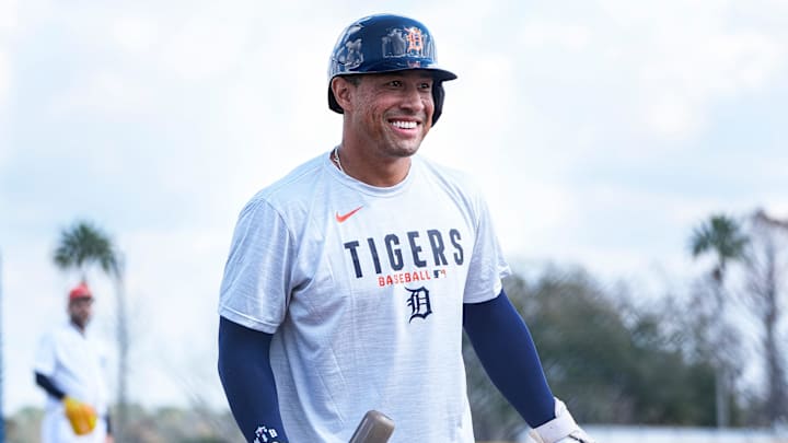 Detroit Tigers outfielder Jahmai Jones smiles at live batting practice during spring training