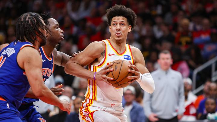 Apr 23, 2026; Atlanta, Georgia, USA; Atlanta Hawks forward Jalen Johnson (1) drives to the basket against the New York Knicks in the third quarter during game three of the first round of the 2026 NBA Playoffs at State Farm Arena. Mandatory Credit: Brett Davis-Imagn Images Apr 23, 2026; Atlanta, Georgia, USA; Atlanta Hawks forward Jalen Johnson (1) drives to the basket against the New York Knicks in the third quarter during game three of the first round of the 2026 NBA Playoffs at State Farm Arena. Mandatory Credit: Brett Davis-Imagn Images