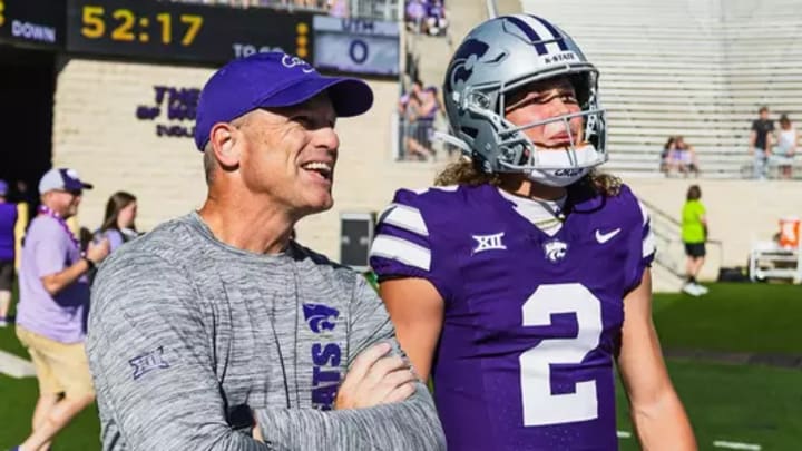 Matt Wells talks to Avery Johnson (2) during before the first game of the 2024-25 college football season as the Kansas State Wildcats took on the Tennessee-Martin Skyhawks on Aug. 31, 2024 in Manhattan, Kansas at Bill Snyder Family Stadium. Mandatory Credit: K-State Athletics