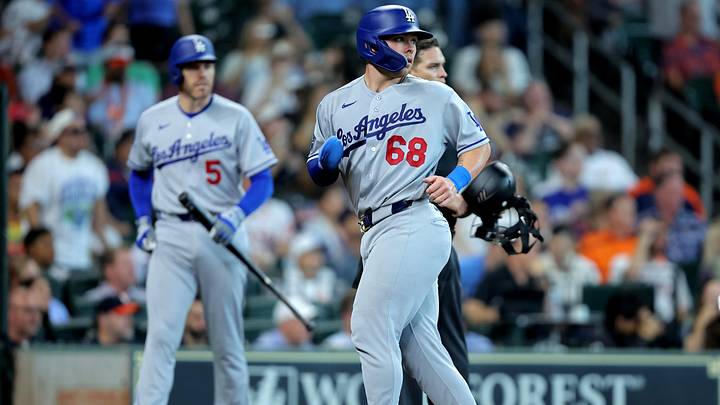May 6, 2026; Houston, Texas, USA; Los Angeles Dodgers catcher Dalton Rushing (68) crosses home plate to score a run against the Houston Astros during the fifth inning at Daikin Park. Mandatory Credit: Erik Williams-Imagn Images