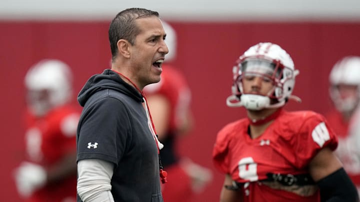 Wisconsin head coach Luke Fickell is shown during spring football practice Thursday, April 25, 2024 in Madison, Wisconsin. The Wisconsin Badgers football team plays their season opener against Western Michigan on August 31.