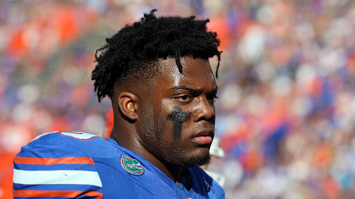 Nov 16, 2024; Gainesville, Florida, USA; Florida Gators defensive lineman Cam Jackson (99) looks on prior to the game against the LSU Tigers at Ben Hill Griffin Stadium. Mandatory Credit: Kim Klement Neitzel-Imagn Images