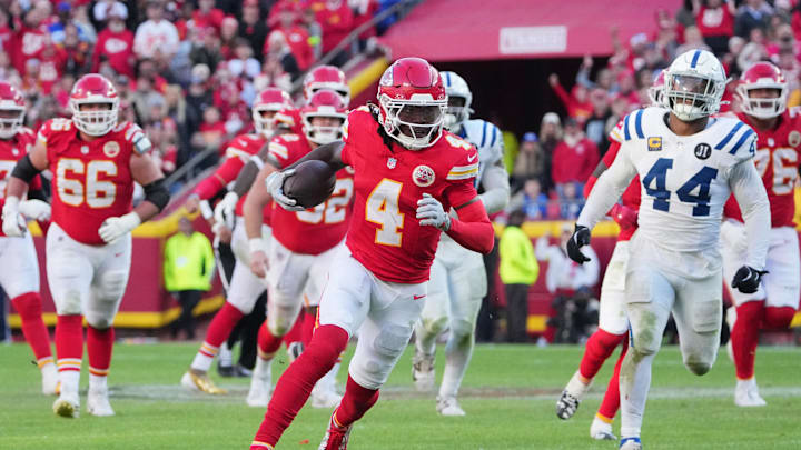 Nov 23, 2025; Kansas City, Missouri, USA;  Kansas City Chiefs wide receiver Rashee Rice (4) runs against the Indianapolis Colts in overtime at GEHA Field at Arrowhead Stadium. Mandatory Credit: Denny Medley-Imagn Images