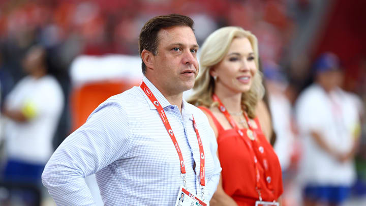 Aug 9, 2025; Glendale, Arizona, USA; Kansas City Chiefs general manager Brett Veach against the Arizona Cardinals during a preseason NFL game at State Farm Stadium. Mandatory Credit: Mark J. Rebilas-Imagn Images