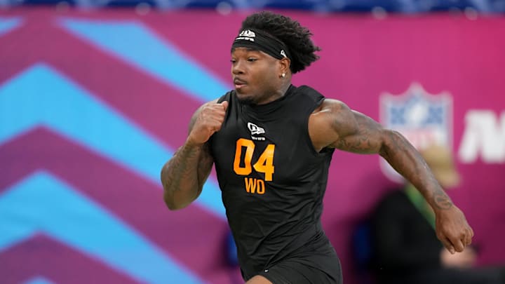 Feb 28, 2026; Indianapolis, IN, USA; Georgia wideout Dillon Bell (WO04) during the NFL Scouting Combine at Lucas Oil Stadium. Mandatory Credit: Kirby Lee-Imagn Images