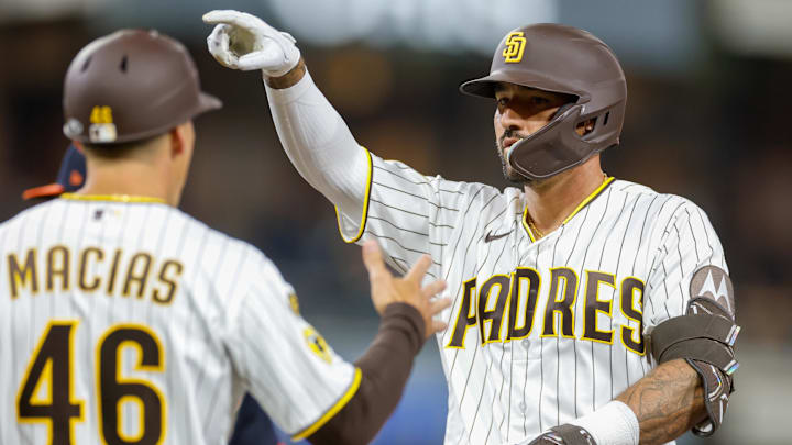 Mar 28, 2026; San Diego, California, USA; San Diego Padres designated hitter Nick Castellanos (21) celebrates after hitting a single during the sixth inning against the Detroit Tigers at Petco Park. Mandatory Credit: David Frerker-Imagn Images