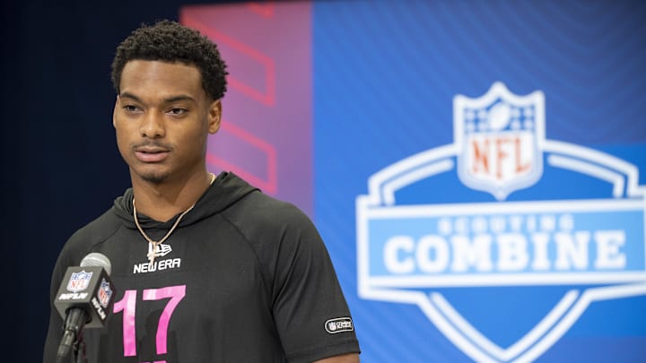 Feb 27, 2025; Indianapolis, IN, USA; Michigan defensive back Will Johnson (DB17) during the 2025 NFL Combine at Lucas Oil Stadium. Mandatory Credit: Tanner Pearson-Imagn Images