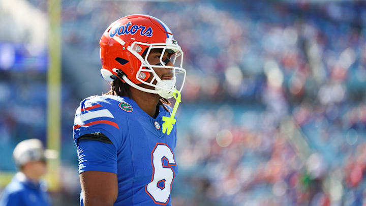 Nov 1, 2025; Jacksonville, Florida, USA; Florida Gators wide receiver Dallas Wilson (6) looks on in the first half against the Georgia Bulldogs at EverBank Stadium. Mandatory Credit: Matt Pendleton-Imagn Images