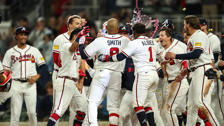 Mar 28, 2026; Cumberland, Georgia, USA; Atlanta Braves first baseman Dominic Smith (8) hits a walk-off grand slam against the Kansas City Royals in the ninth inning at Truist Park. Mandatory Credit: Mady Mertens-Imagn Images Mar 28, 2026; Cumberland, Georgia, USA; Atlanta Braves first baseman Dominic Smith (8) hits a walk-off grand slam against the Kansas City Royals in the ninth inning at Truist Park. Mandatory Credit: Mady Mertens-Imagn Images