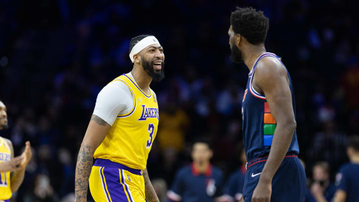 Jan 27, 2022; Philadelphia, Pennsylvania, USA; Los Angeles Lakers forward Anthony Davis (3) and Philadelphia 76ers center Joel Embiid (21) talk before the opening tip off at Wells Fargo Center. Mandatory Credit: Bill Streicher-USA TODAY Sports Jan 27, 2022; Philadelphia, Pennsylvania, USA; Los Angeles Lakers forward Anthony Davis (3) and Philadelphia 76ers center Joel Embiid (21) talk before the opening tip off at Wells Fargo Center. Mandatory Credit: Bill Streicher-USA TODAY Sports