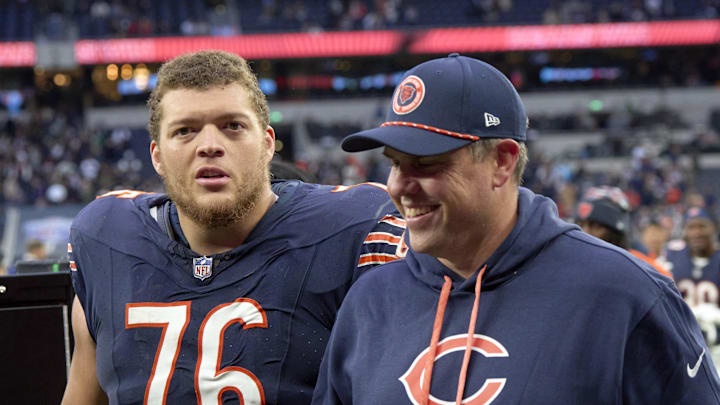 Oct 13, 2024; London, United Kingdom; Chicago Bears guard Teven Jenkins (76) after an NFL International Series game at Tottenham Hotspur Stadium. Mandatory Credit: Peter van den Berg-Imagn Images