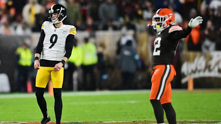 Nov 21, 2024; Cleveland, Ohio, USA; Pittsburgh Steelers place kicker Chris Boswell (9) and Cleveland Browns safety Rodney McLeod Jr. (12) react after Boswell missed a field goal during the first quarter at Huntington Bank Field. Mandatory Credit: Ken Blaze-Imagn Images