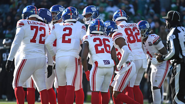 Jan 5, 2025; Philadelphia, Pennsylvania, USA; New York Giants quarterback Drew Lock (2) in the huddle against the Philadelphia Eagles at Lincoln Financial Field.  