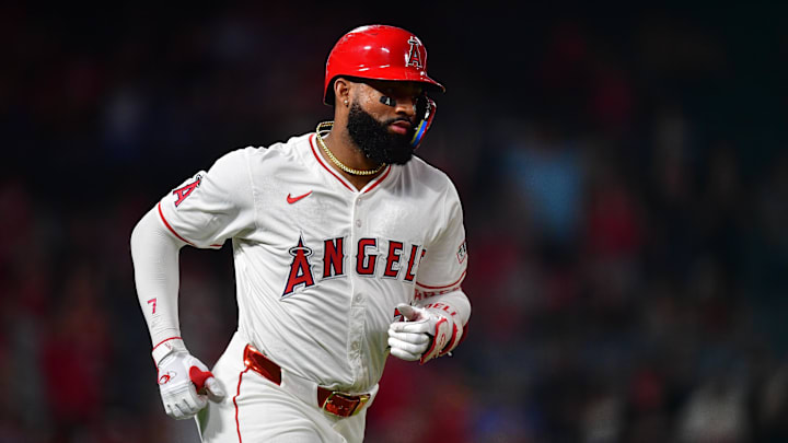 Sep 6, 2025; Anaheim, California, USA; Los Angeles Angels outfielder Jo Adell (7) runs the bases after hitting a solo home run against the Athletics during the eighth inning at Angel Stadium. Mandatory Credit: Gary A. Vasquez-Imagn Images