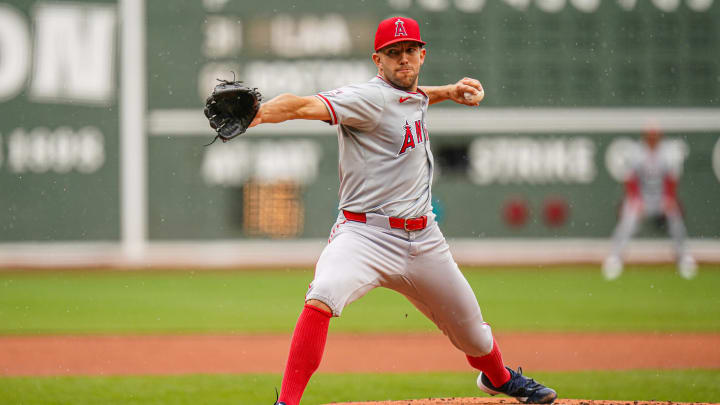 Apr 14, 2024; Boston, Massachusetts, USA; Los Angeles Angels pitcher Tyler Anderson (31) throws a pitch against the Boston Red Sox in the first inning at Fenway Park. Mandatory Credit: David Butler II-USA TODAY Sports