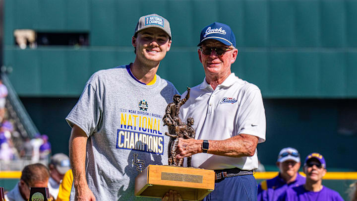LSU Tigers pitcher Kade Anderson (32) accepts the award for most outstanding player after winning the College World Series at Charles Schwab Field on June 22. LSU Tigers pitcher Kade Anderson (32) accepts the award for most outstanding player after winning the College World Series at Charles Schwab Field on June 22.