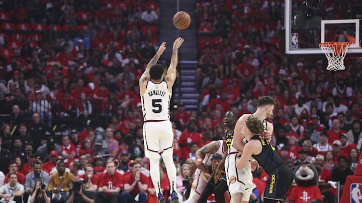 May 4, 2025; Houston, Texas, USA; Houston Rockets guard Fred VanVleet (5) shoots the ball during the first half of game seven of first round for the 2025 NBA Playoffs against the Golden State Warriors at Toyota Center. Mandatory Credit: Troy Taormina-Imagn Images