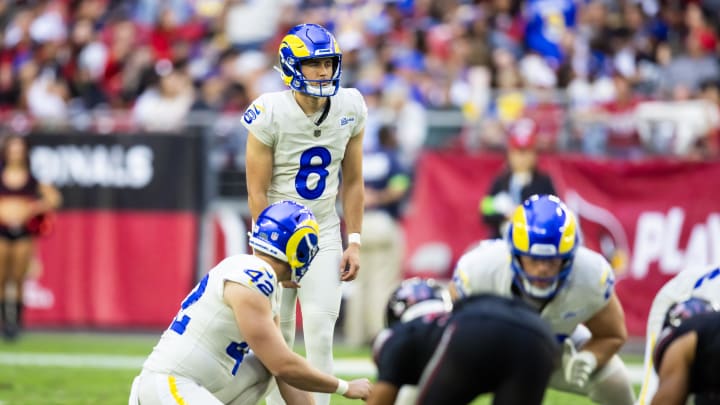 Nov 26, 2023; Glendale, Arizona, USA; Los Angeles Rams kicker Lucas Havrisik (8) against the Arizona Cardinals at State Farm Stadium. Mandatory Credit: Mark J. Rebilas-USA TODAY Sports Nov 26, 2023; Glendale, Arizona, USA; Los Angeles Rams kicker Lucas Havrisik (8) against the Arizona Cardinals at State Farm Stadium. Mandatory Credit: Mark J. Rebilas-USA TODAY Sports