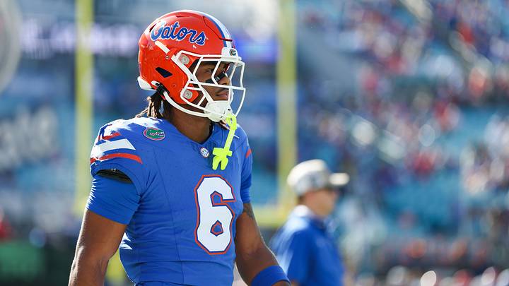 Nov 1, 2025; Jacksonville, Florida, USA; Florida Gators wide receiver Dallas Wilson (6) looks on in the first half against the Georgia Bulldogs at EverBank Stadium. Mandatory Credit: Matt Pendleton-Imagn Images
