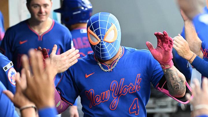 Mets designated hitter Francisco Alvarez (4) celebrates after hitting a solo home run against the Toronto Blue Jays. 