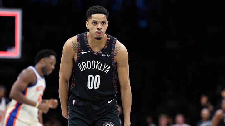 Mar 20, 2026; Brooklyn, New York, USA; Brooklyn Nets forward Josh Minott (00) reacts after making a three point basket during the first half against the New York Knicks at Barclays Center. Mandatory Credit: Vincent Carchietta-Imagn Images Mar 20, 2026; Brooklyn, New York, USA; Brooklyn Nets forward Josh Minott (00) reacts after making a three point basket during the first half against the New York Knicks at Barclays Center. Mandatory Credit: Vincent Carchietta-Imagn Images