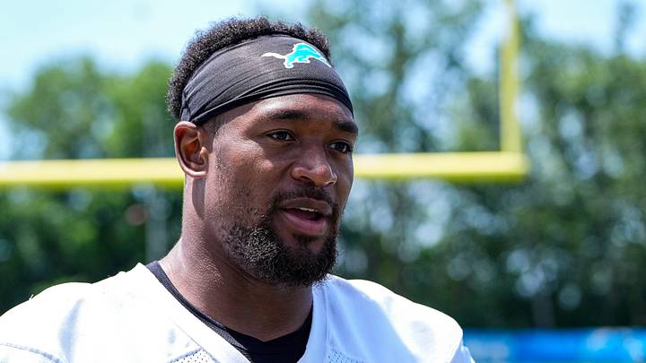Detroit Lions linebacker Derrick Barnes (55) speaks to media members after practice during OTAs at Meijer Performance Center in Allen Park on Thursday, June 11, 2026.
