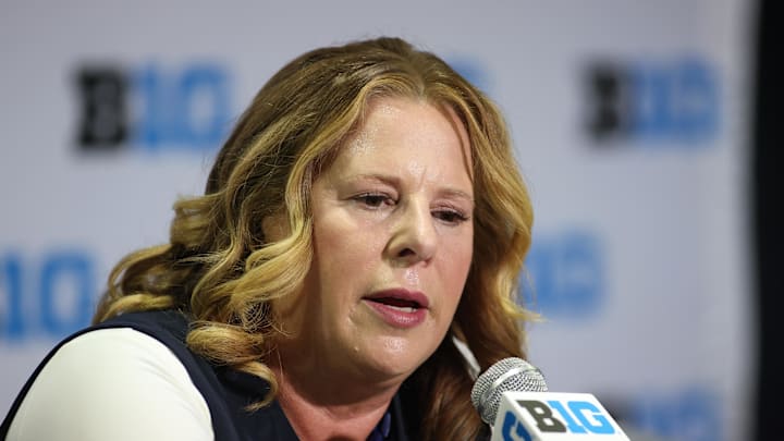 Oct 8, 2025; Rosemont, Illinois, USA; UCLA Head Coach Cori Close speaks during Big Ten Women’s Basketball Media Days at the Donald E. Stephens Convention Center. Mandatory Credit: Talia Sprague-Imagn Images
