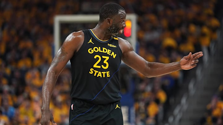 May 2, 2025; San Francisco, California, USA; Golden State Warriors forward Draymond Green (23) reacts after a play against the Houston Rockets in the second quarter of game six of the first round for the 2025 NBA Playoffs at Chase Center. Mandatory Credit: Cary Edmondson-Imagn Images