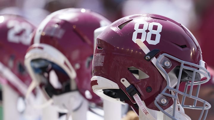 Sep 14, 2024; Madison, Wisconsin, USA;  General view of Alabama Crimson Tide helmets during the game against the Wisconsin Badgers at Camp Randall Stadium. Mandatory Credit: Jeff Hanisch-Imagn Images