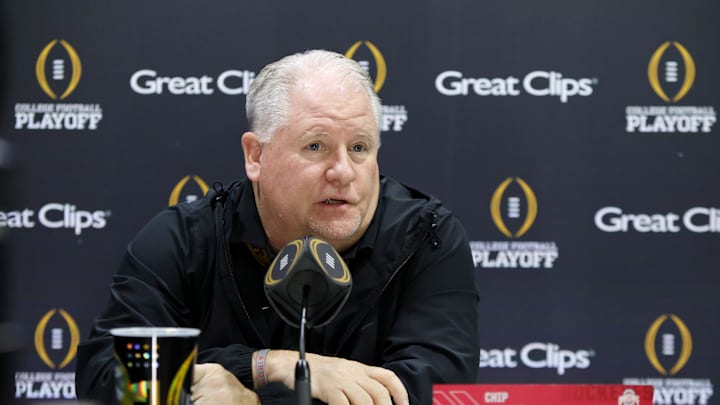 Jan 18, 2025; Atlanta, GA, USA; Ohio State Buckeyes offensive coordinator Chip Kelly talks to the media during 2025 CFP National Championship Media Day at Georgia World Congress Center, Building A. Mandatory Credit: Brett Davis-Imagn Images