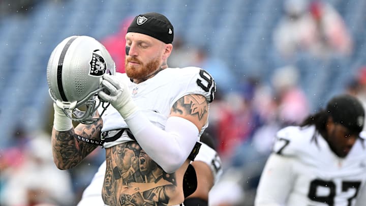 Sep 7, 2025; Foxborough, Massachusetts, USA; Las Vegas Raiders defensive end Maxx Crosby (98) practices before the game against the New England Patriots at Gillette Stadium. Mandatory Credit: Brian Fluharty-Imagn Images