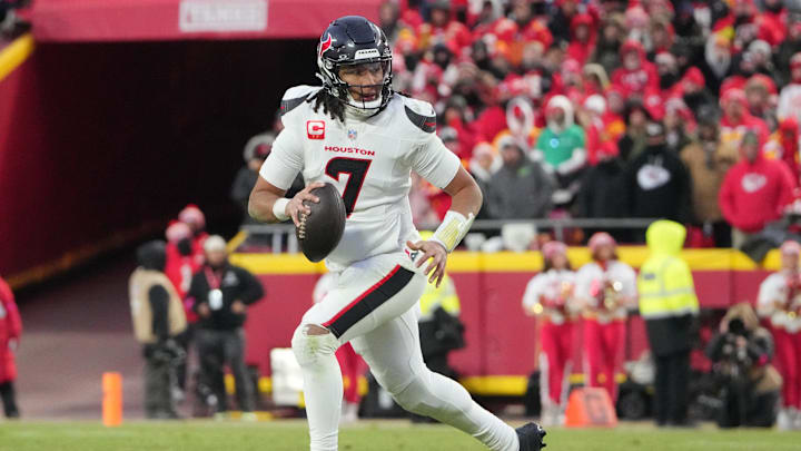 Jan 18, 2025; Kansas City, Missouri, USA; Houston Texans quarterback C.J. Stroud (7) rolls out to throw against the Kansas City Chiefs during the third quarter of a 2025 AFC divisional round game at GEHA Field at Arrowhead Stadium. Mandatory Credit: Denny Medley-Imagn Images Jan 18, 2025; Kansas City, Missouri, USA; Houston Texans quarterback C.J. Stroud (7) rolls out to throw against the Kansas City Chiefs during the third quarter of a 2025 AFC divisional round game at GEHA Field at Arrowhead Stadium. Mandatory Credit: Denny Medley-Imagn Images