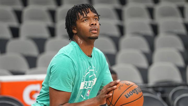Apr 10, 2026; San Antonio, Texas, USA; San Antonio Spurs forward Harrison Ingram (55) warms up before a game against the Dallas Mavericks at Frost Bank Center. Mandatory Credit: Scott Wachter-Imagn Images Apr 10, 2026; San Antonio, Texas, USA; San Antonio Spurs forward Harrison Ingram (55) warms up before a game against the Dallas Mavericks at Frost Bank Center. Mandatory Credit: Scott Wachter-Imagn Images