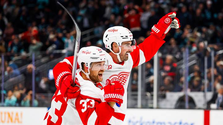 Detroit Red Wings center Dylan Larkin (71) and left wing Viktor Arvidsson (33) celebrate Credit: Joe Nicholson-Imagn Images Detroit Red Wings center Dylan Larkin (71) and left wing Viktor Arvidsson (33) celebrate Credit: Joe Nicholson-Imagn Images