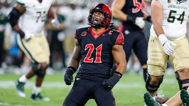 Oct 3, 2025; San Diego, California, USA; San Diego State Aztecs linebacker Tano Letuli (21).