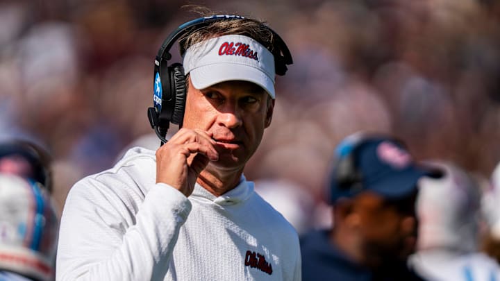 Ole Miss head coach Lane Kiffin walks off the field during a college football game between Mississippi State and Ole Miss at Davis Wade Stadium in Starkville, Miss., on Friday, Nov. 28, 2025. The Egg Bowl game marks the 122nd meeting between the two teams.