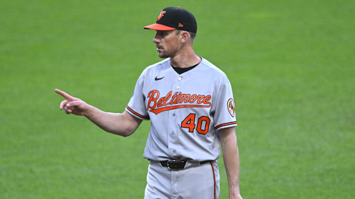 Apr 17, 2026; Cleveland, Ohio, USA; Baltimore Orioles starting pitcher Chris Bassitt (40) reacts in the third inning against the Cleveland Guardians at Progressive Field. Mandatory Credit: David Richard-Imagn Images