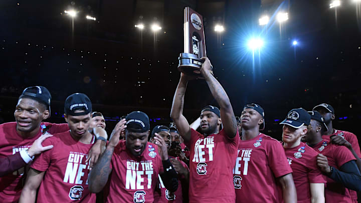 Mar 26, 2017; New York, NY, USA; South Carolina Gamecocks guard Sindarius Thornwell (0) celebrates after beating the Florida Gators in the finals of the East Regional of the 2017 NCAA Tournament at Madison Square Garden. Mandatory Credit: Robert Deutsch-Imagn Images Mar 26, 2017; New York, NY, USA; South Carolina Gamecocks guard Sindarius Thornwell (0) celebrates after beating the Florida Gators in the finals of the East Regional of the 2017 NCAA Tournament at Madison Square Garden. Mandatory Credit: Robert Deutsch-Imagn Images