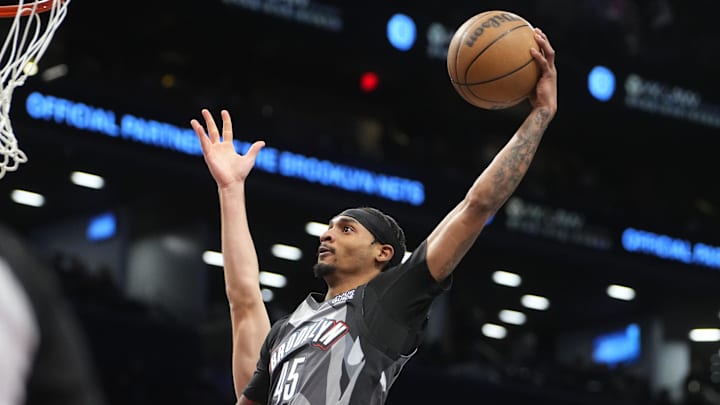 Apr 6, 2025; Brooklyn, New York, USA; Brooklyn Nets guard Keon Johnson (45) dunks the ball against the Toronto Raptors during the second half at Barclays Center. Mandatory Credit: Gregory Fisher-Imagn Images Apr 6, 2025; Brooklyn, New York, USA; Brooklyn Nets guard Keon Johnson (45) dunks the ball against the Toronto Raptors during the second half at Barclays Center. Mandatory Credit: Gregory Fisher-Imagn Images
