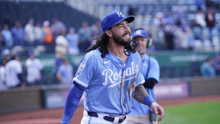 Apr 10, 2025; Kansas City, Missouri, USA; Kansas City Royals third baseman Jonathan India (6) reacts after being doused after the win over the Minnesota Twins at Kauffman Stadium. Mandatory Credit: Denny Medley-Imagn Images