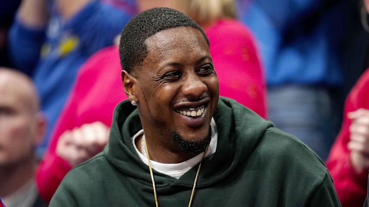Dec 1, 2023; Lawrence, Kansas, USA; Former Kansas Jayhawks guard Mario Chalmers during the first half against the Connecticut Huskies at Allen Fieldhouse.