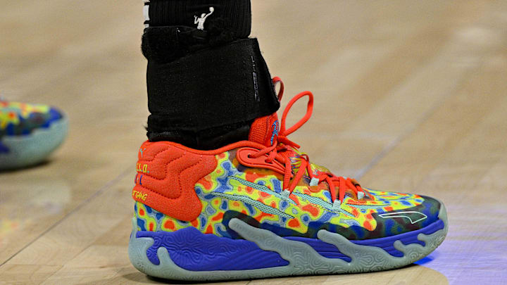 Jul 22, 2023; Arlington, Texas, USA; A view of the shoes of Dallas Wings forward Maddy Siegrist (20) during the second half against the Los Angeles Sparks at College Park Center. Mandatory Credit: Jerome Miron-Imagn Images