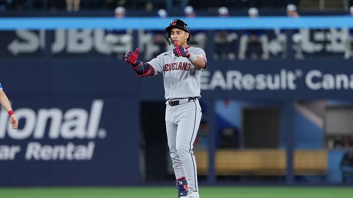 Apr 25, 2026; Toronto, Ontario, CAN; Cleveland Guardians second baseman Juan Brito (34) celebrates hitting a double against the Toronto Blue Jays during the third inning at Rogers Centre. Mandatory Credit: Nick Turchiaro-Imagn Images Apr 25, 2026; Toronto, Ontario, CAN; Cleveland Guardians second baseman Juan Brito (34) celebrates hitting a double against the Toronto Blue Jays during the third inning at Rogers Centre. Mandatory Credit: Nick Turchiaro-Imagn Images