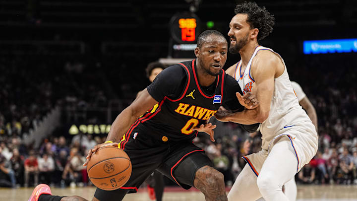 Apr 6, 2026; Atlanta, Georgia, USA; Atlanta Hawks forward Jonathan Kuminga (0) dribbles against New York Knicks guard Landry Shamet (44) during the second half at State Farm Arena. Mandatory Credit: Dale Zanine-Imagn Images Apr 6, 2026; Atlanta, Georgia, USA; Atlanta Hawks forward Jonathan Kuminga (0) dribbles against New York Knicks guard Landry Shamet (44) during the second half at State Farm Arena. Mandatory Credit: Dale Zanine-Imagn Images