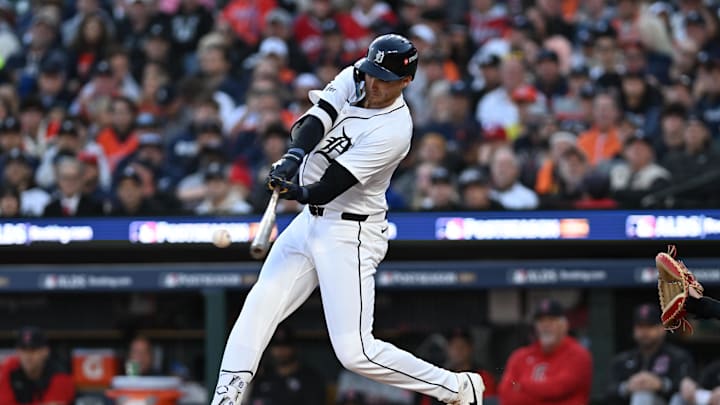 Detroit Tigers outfielder Parker Meadows (22) hits a double in the first inning against the Cleveland Guardians during game four of the ALDS for the 2024 MLB Playoffs at Comerica Park. 